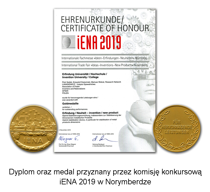 Dyplom oraz medal przyznany przez komisję konkursową  iENA 2019 w Norymberdze