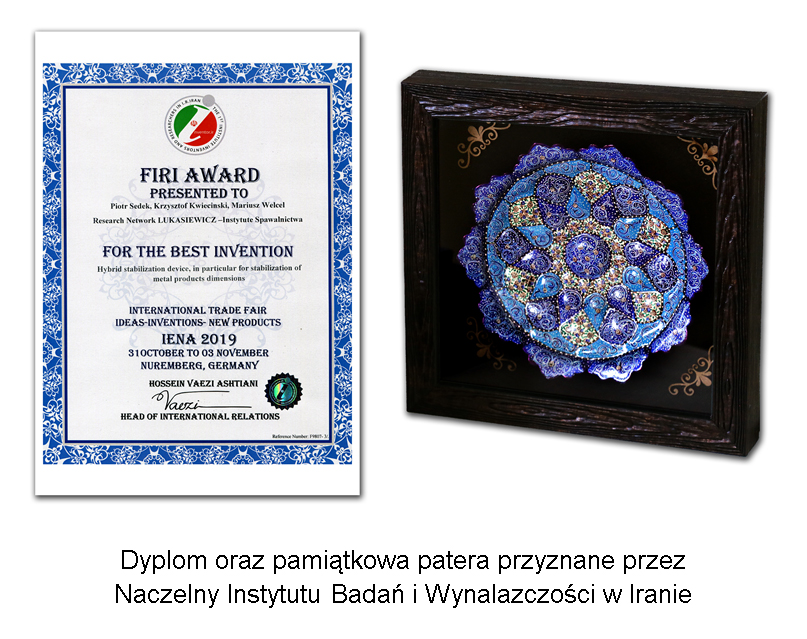 Dyplom oraz pamiątkowa patera przyznane przez  Naczelny Instytutu Badań i Wynalazczości w Iranie